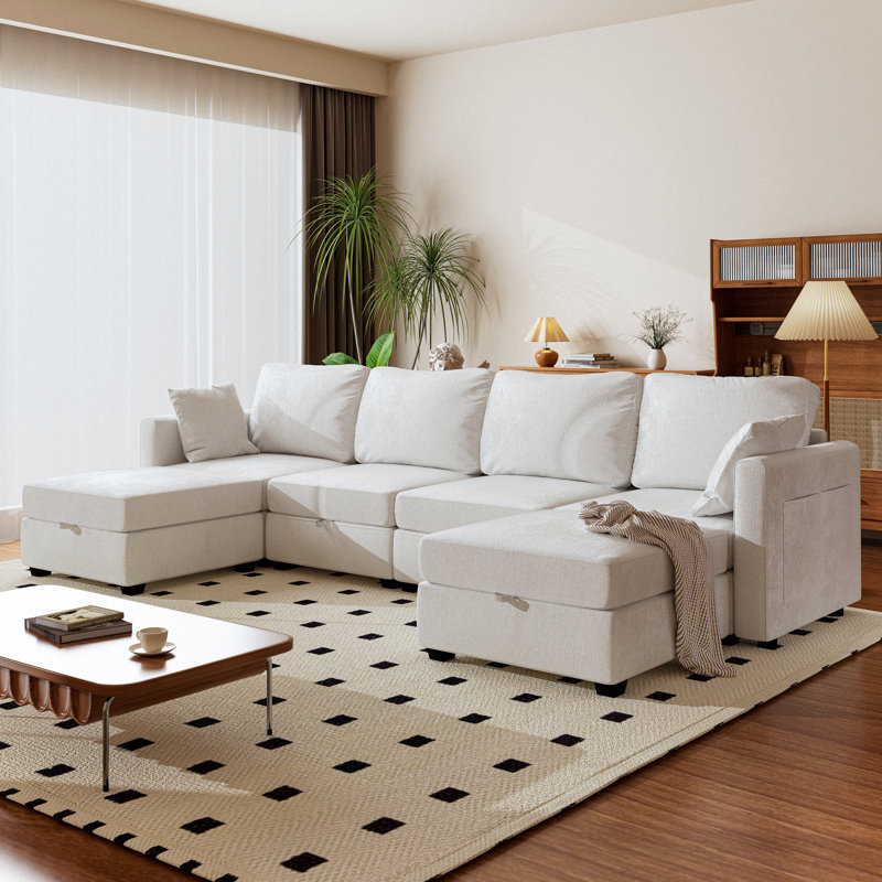 126.7’’ Wide U-Shaped Modular Sectional Reversible Sofa Couch with Storage Ottoman, Beige Chenille