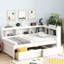 Lit simple avec bibliothèques en forme de L, ports de chargement et deux tiroirs en pin blanc pour la chambre à coucher, prises de courant encastrées Space Solution, rangement facile à assembler, design