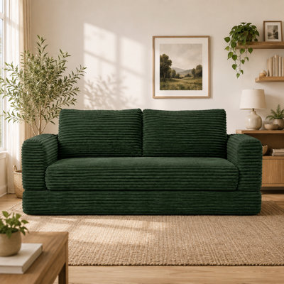 Green 55 Inch Convertible Corduroy Futon Sofa Bed Boneless Loveseat with 30D High Density Foam Detachable Chaise Lounge Sleeper Removable Washable Covers for Small Living Room Bedroom and Guest Room