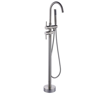Robinet de baignoire pour salle de bain avec douche à main, fixation au sol, forme incurvée, baignoire à finition antique en nickel brossé