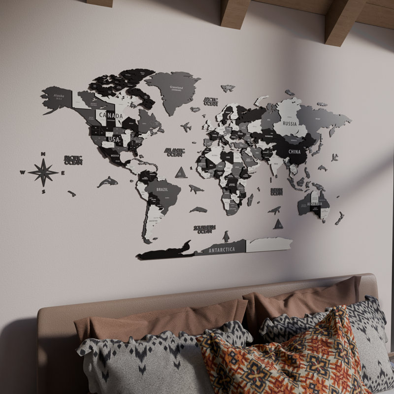 Carte du monde 3D en bois pour mur, H 21,3 po x l 39,4 po x P 1 po, Mélange gris