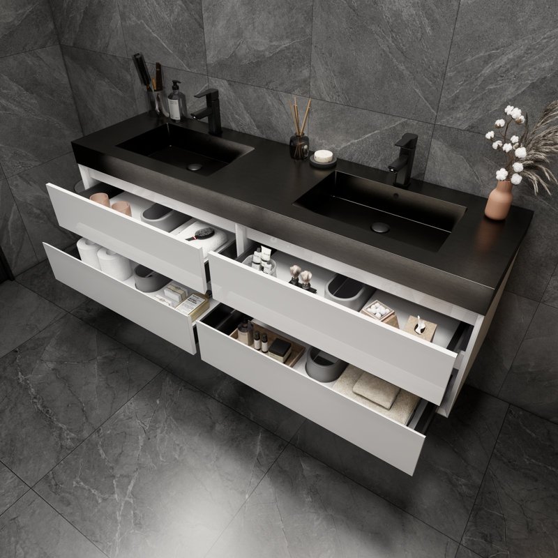 Ensemble de meuble-lavabo double mural 71 po Golitz, Blanc brillant