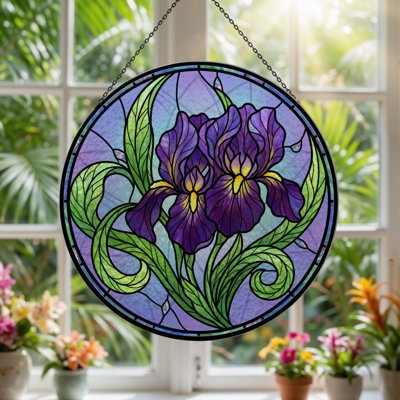 7.8"H Purple Iris Stained Glass Window Panel