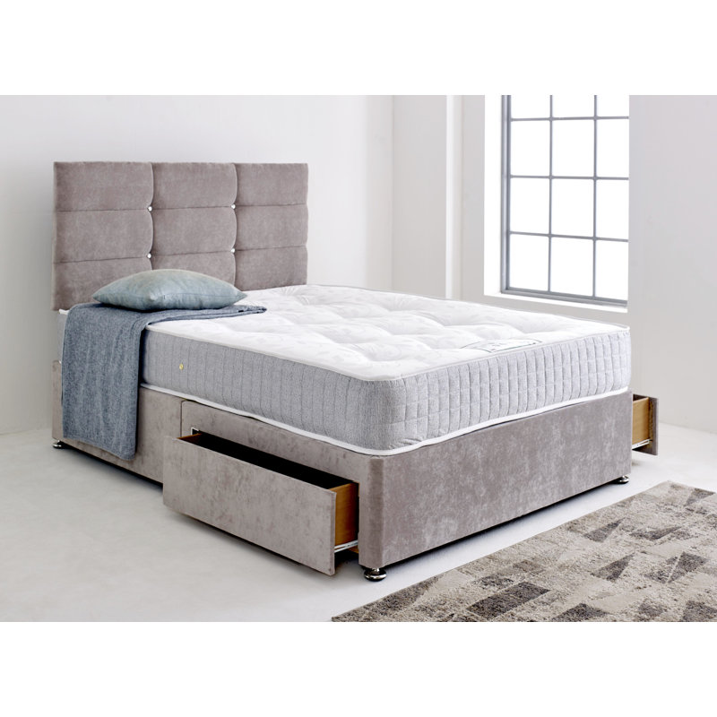 Divan Bed Base with Cube Headboard, No Drawers, Small Double (120 x 190 cm), Silver