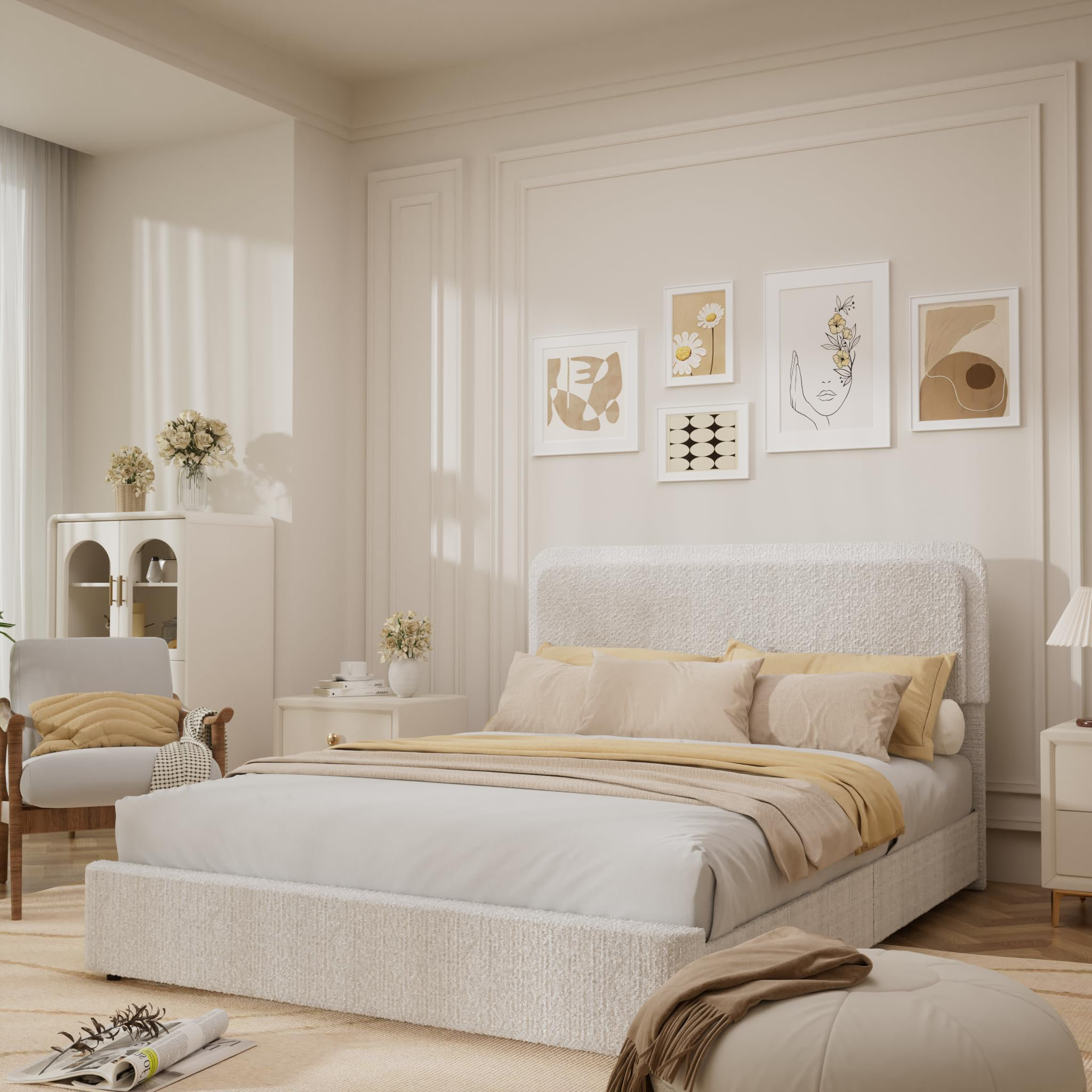 Latitude Run® Bed Frame, Boucle Upholstered Bed Frame With Headboard, 2 Storage Drawers | Wayfair