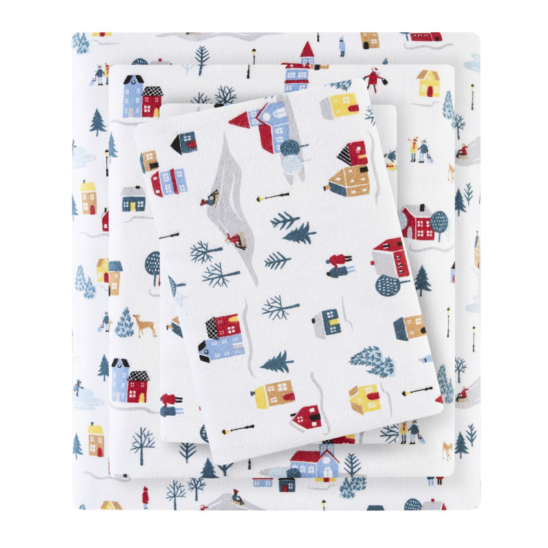 4 Pcs King Printed Sheet In 100% Cotton Flannel, With White Village Print, Ultra - Soft Handfeel, Cozy, Machine Washable, , Includes Flat, Fitted Sheets And 2 Pillowcases, Fits Mattresses Size Cozy