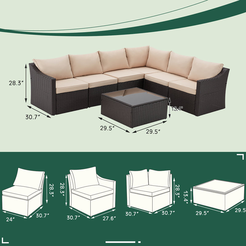7 Piece Rattan Sectional Seating Group with Cushions, Khaki