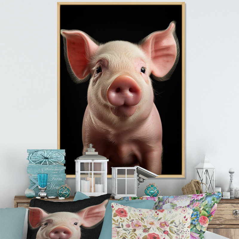 Cochon rose curieux sur toile, Cadre naturel flottant, H 44 po x l 34 po x P 1,5 po