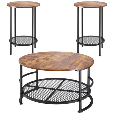 3 Pieces Round Coffee Table Sets, 31.5 in Industrial Living Room Table with 2 End Side Tables, Easy Assembly Coffee and End Tables Sets with Metal Leg by 17 Stories