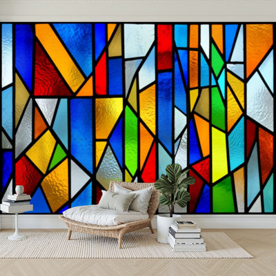 Wall Mural Peel and Stick Wallpaper Stained glass window Abstract colorful stained glass Art decor for Self-Adhesive Removable Contact Paper Wall Decor for Living Room Bedroom 100"H x 144"W
