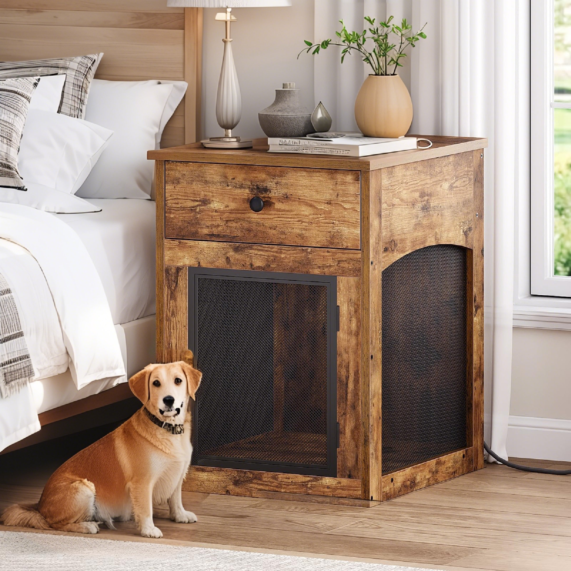 Archie & Oscar™ Rustic Brown Dog Crate Furniture With Charging Station ... - Ventilated Pet Crate Set With Canopy And Bottle Holder