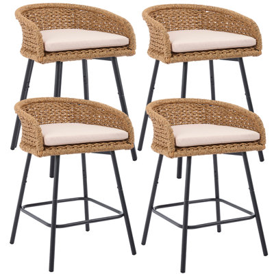 Outdoor Counter Height Patio Bar Stools Set of 4, PE Rattan Counter Stools with Removable Cushions for Garden, Lawn, Pool & Backyard