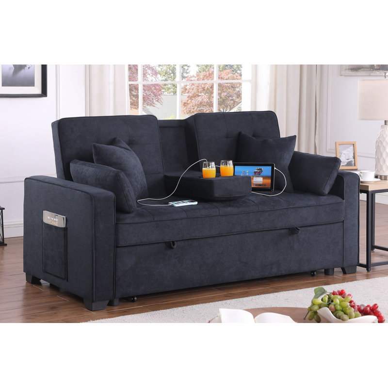 Cody II 70"W Dark Gray Woven Fabric Convertible Sleeper Loveseat With Dropdown Console, Cup Holders, Charging Ports, Pocket, And Pocket Coil Seating