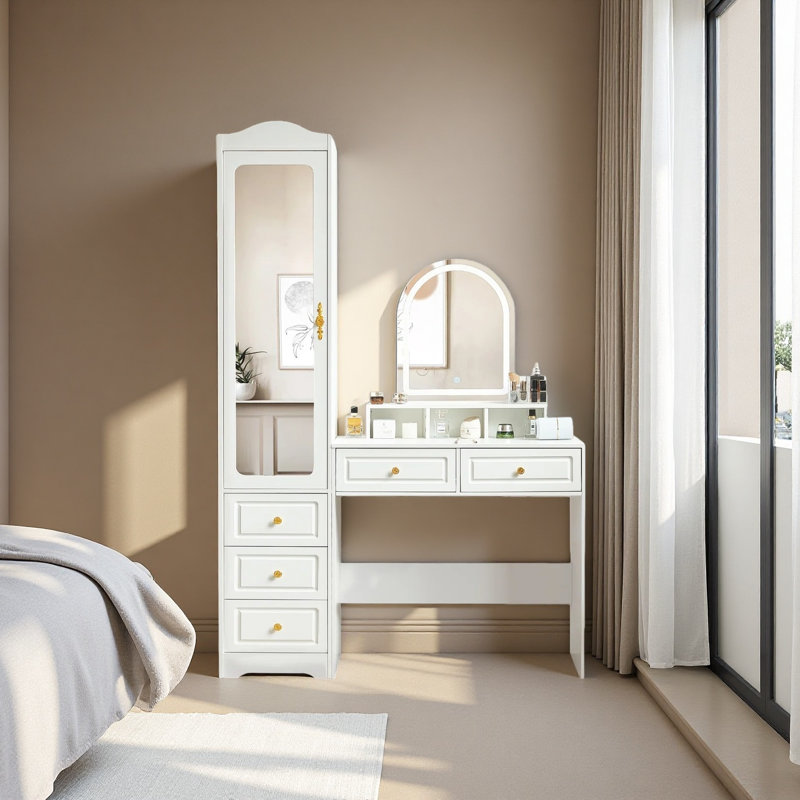 Vanity Desk & Left Armoire Wardrobe Cabinet With 5 Drawers & 3 Color And Lighting Brightness Adjustable, Dressing Table Set With Mirror And Lights ,white