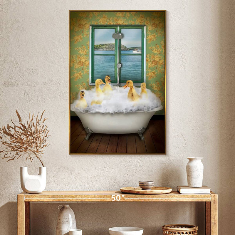 Ducks In Bath Tub, Floating Frame Gold, 27" x 40"