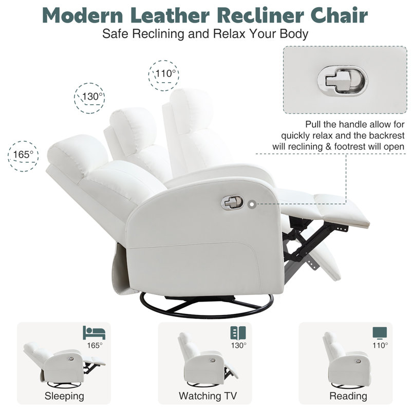 30.3'' Modern And Soft Manual Upholstered Swivel And Rocking Manual Recliner, White