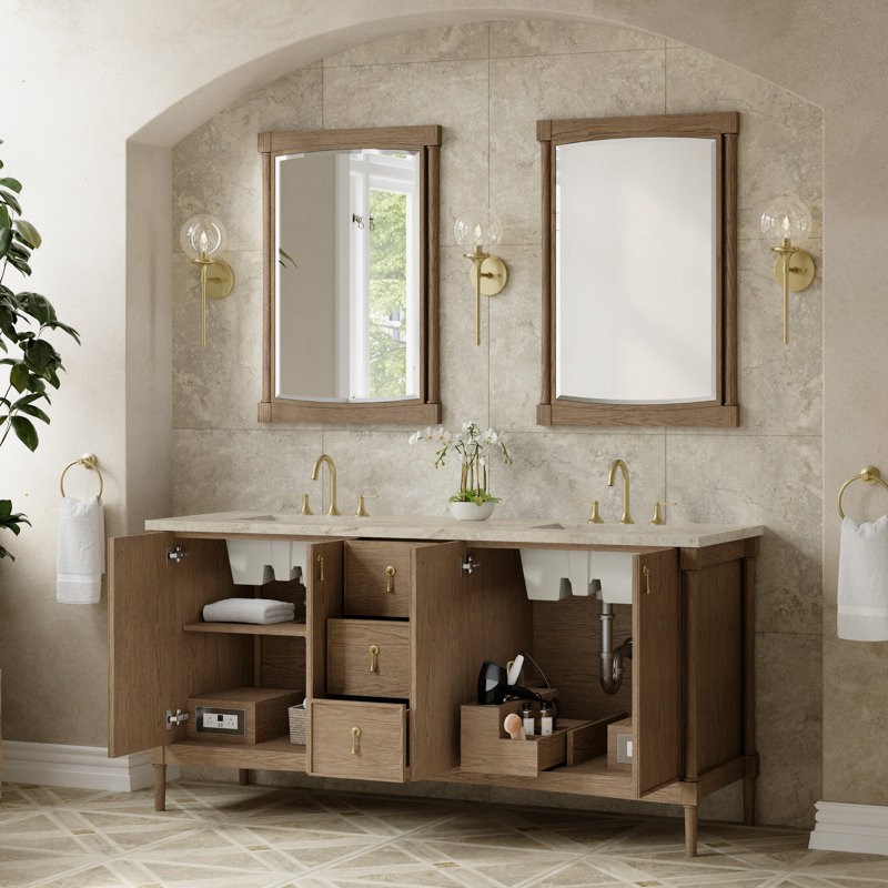 Kinnsden 72" W Double Vanity, Tajnar Eclos, Weathered Oak