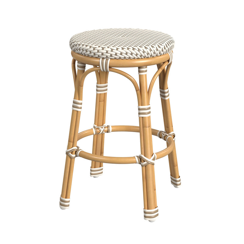 Tobias Outdoor Rattan and Metal Counter Stool, Beige/White