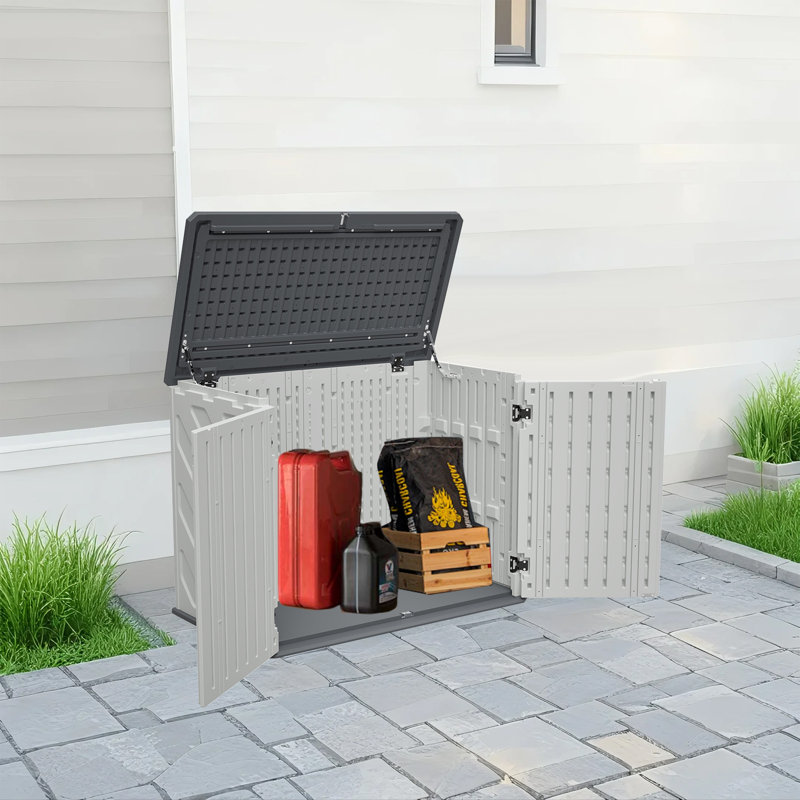 Horizontal Storage Shed, 28 Cu.Ft Outdoor Deck Box with Lockable Design, Weather-Resistant HDEP Plastic Storage Cabinet for Patio, Garden & Backyard