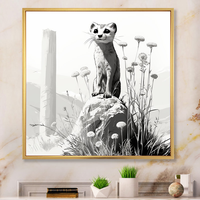 «Grey Meadow», art mural Meercat rétro, Cadre flottant doré, H 30 po x l 30 po x P 1,5 po