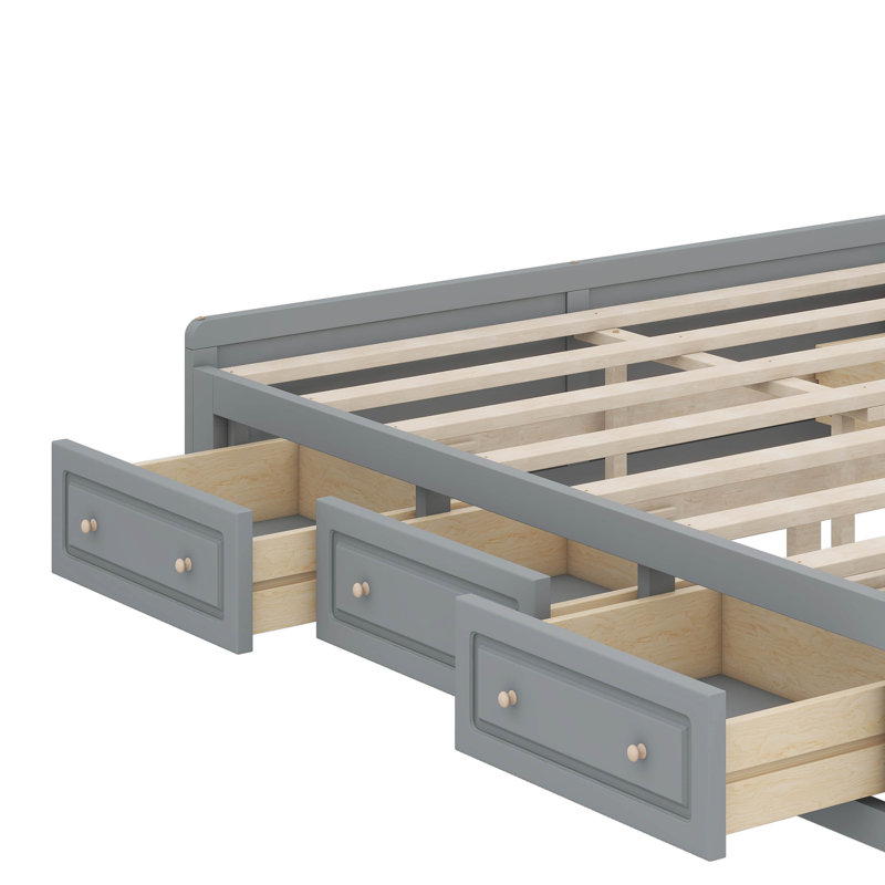 Wood Platform Bed Frame For Queen Size With Six Drawers, Gray