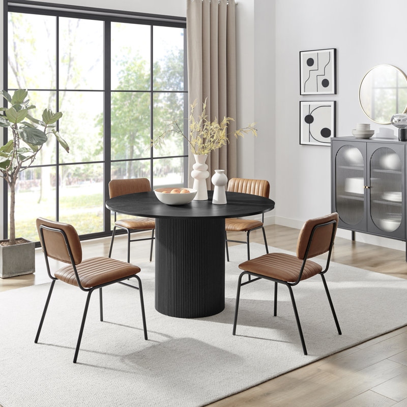 Penny Pillar Round Dining Table Set With 4 Luxury Faux Leather Dining Chairs - Scratch Resistant Top, Black