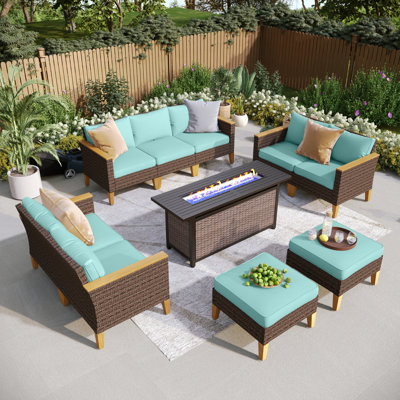 Ensemble de mobilier d'extérieur en osier 9 pièces Argyri, ensemble de patio modulaire avec coussins beiges