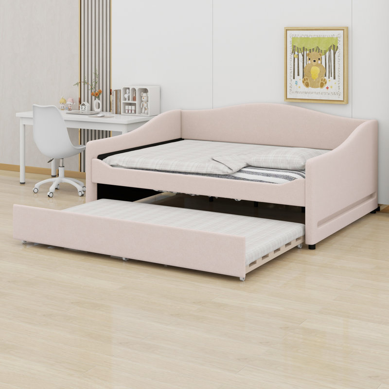 Upholstered Daybed With Light And Trundle, Beige, Full/Double