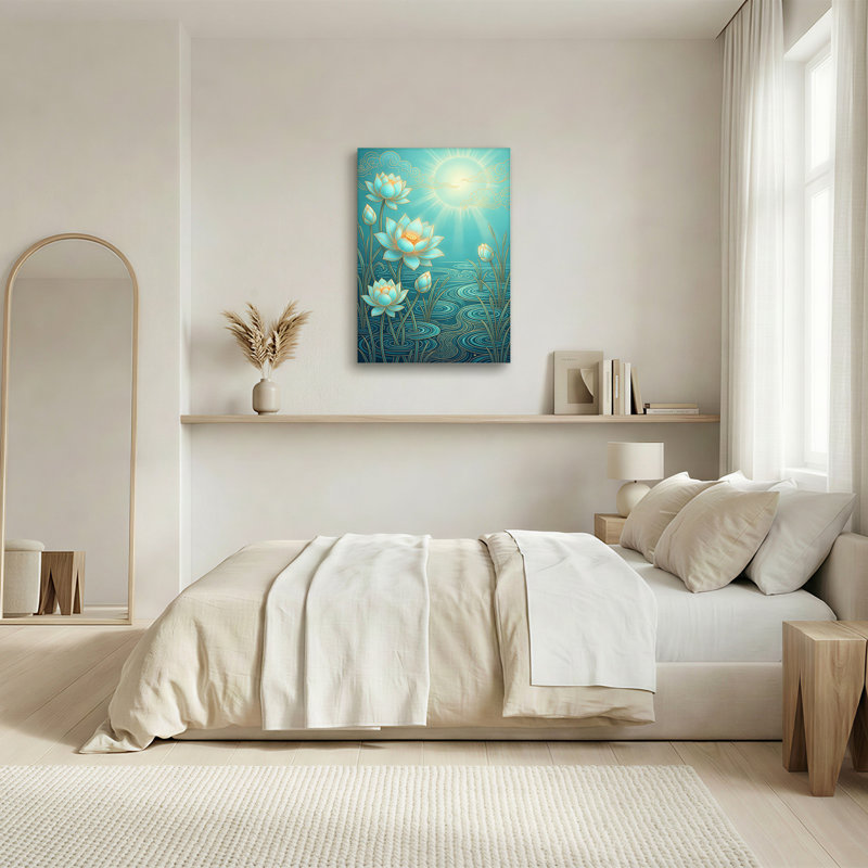 «Blue Lotus Flowers in Turquoise Water with Gold Outline», art mural sur toile, 36"H x 24"W