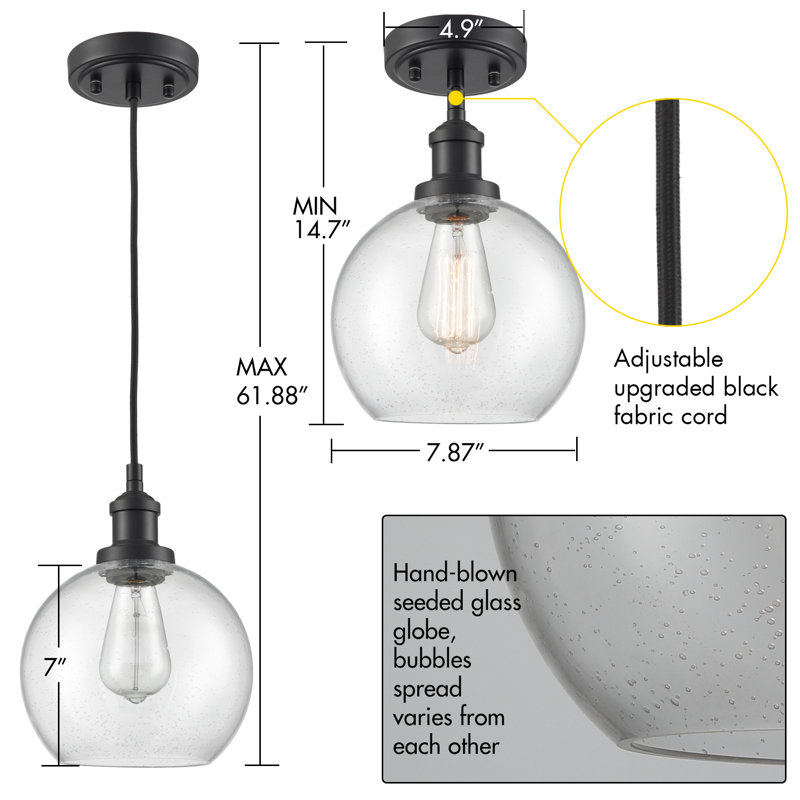 Luminaire suspendu avec abat-jour en verre sphérique, Noir