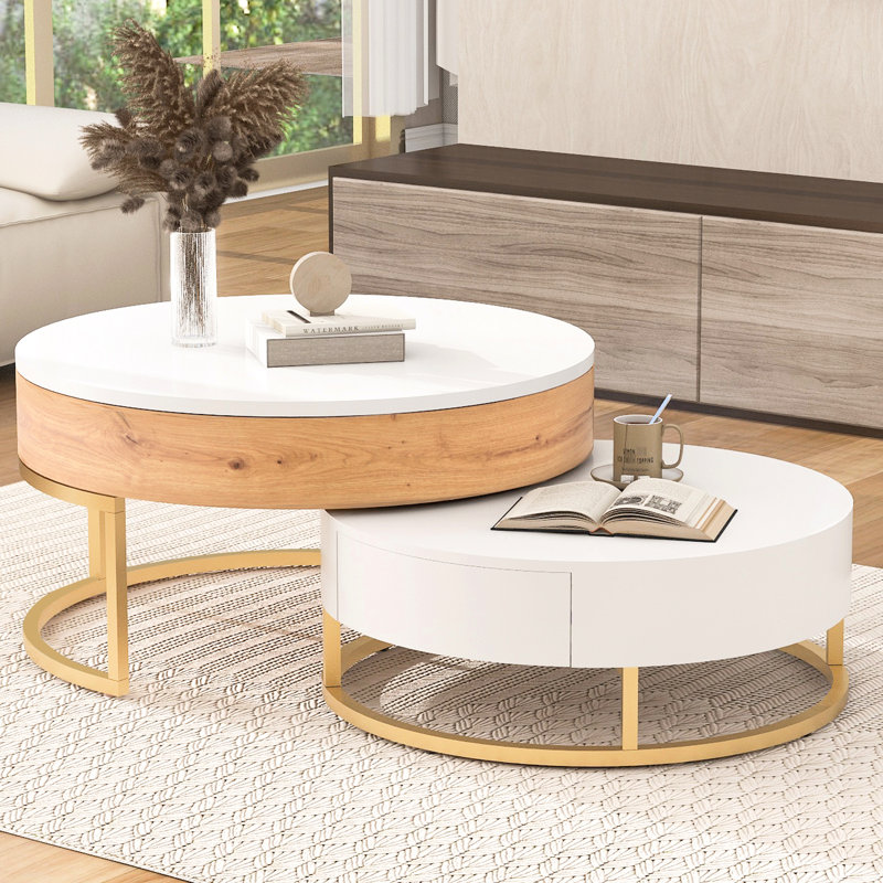 2 tables basses à plateau relevable en blanc et naturel - Design moderne, fonction gigogne, tables élévatrices hydrauliques, 2 tiroirs, naturel, mécanisme, gigogne compacte,