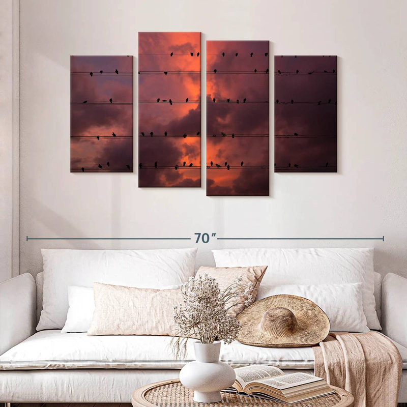 Brampt Pigeons On Wires At Sunset, 32" H x 52" W