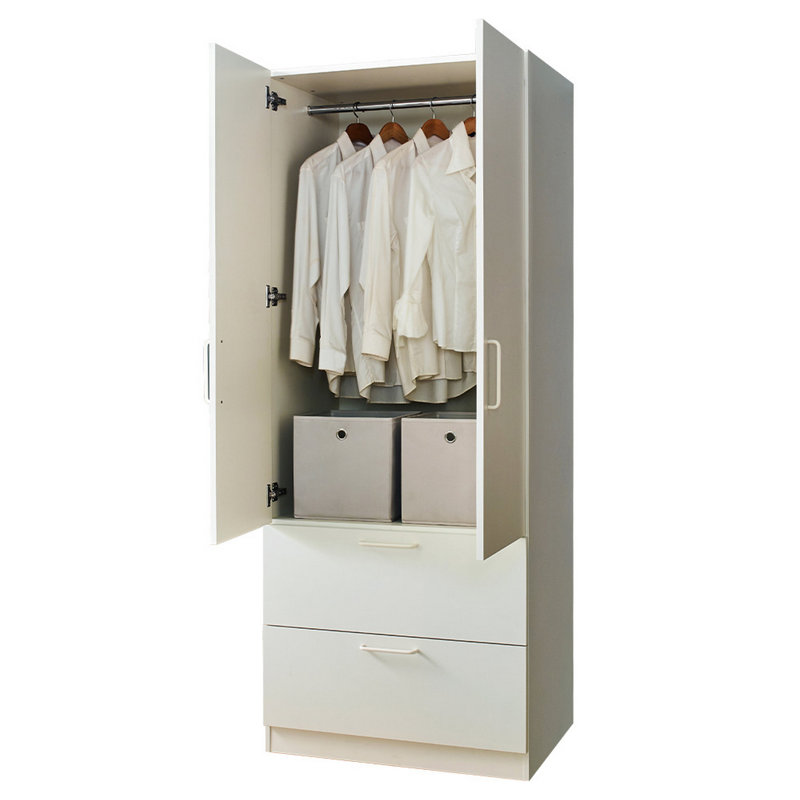 Rema 2 Door Standing Closet With 2 Drawers, Chrome Hanging Bars, White Wood