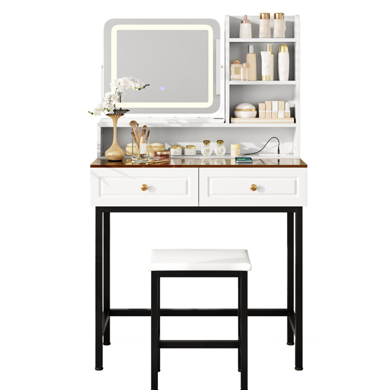 Makeup Vanity With 3 Lighting Modes Led Mirror, 2 Drawers, - Tier Shelving, Amber Glass Table, Built In Charging, Metal Legs, Stool, White Dressing Table 360 Adjustable Color Lighting, Visible