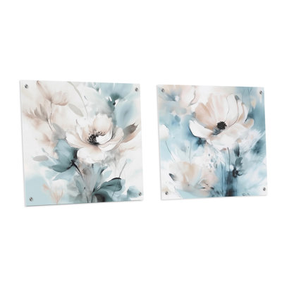 Delicate Grey Flowers I - Floral Acrylic Wall Art Glass Set Of 2