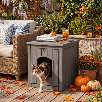  21.42"H 3-in-1 Resin Pet House: Hidden Litter Box Enclosure with Side Table 