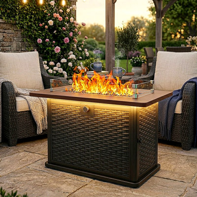 Foyer de table rectangulaire au propane de 43 po avec éclairage RVB, application et télécommande, flamme réglable, pierres de verre, pare-vent 60 000 BTU - idéal pour la terrasse et le jardin, noir