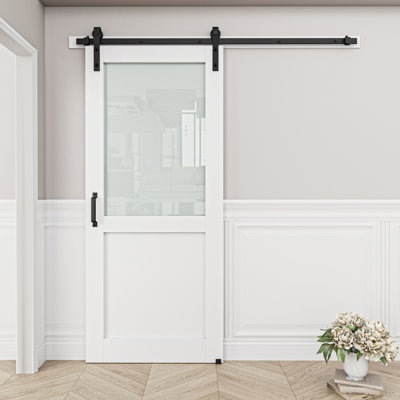 Frosted Glass and Manufactured Wood White Sliding Barn Door with Installation Hardware Kit(No Assembly Required)