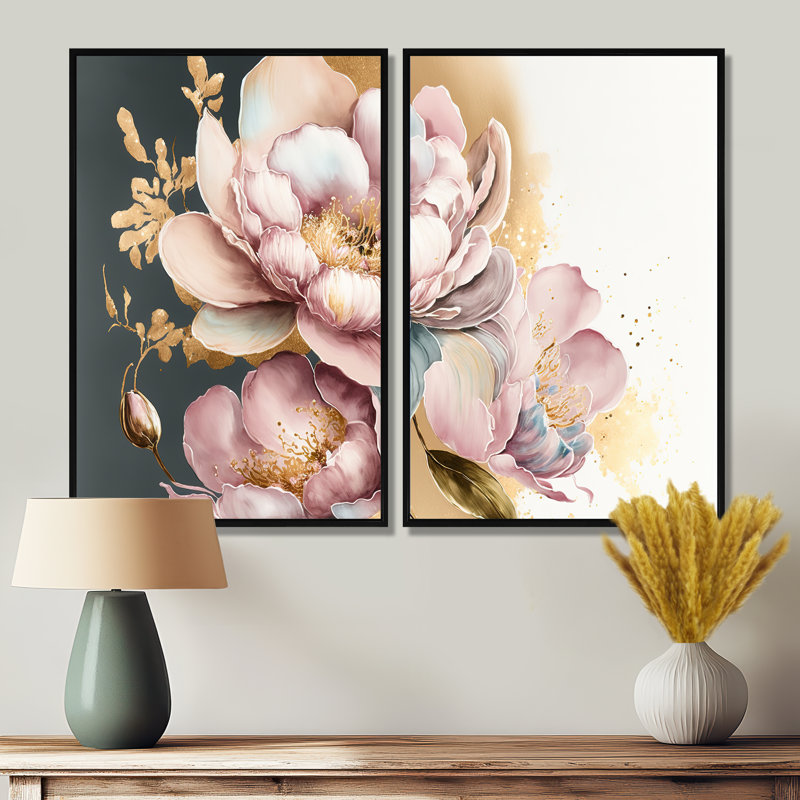 Orchidée rose et or II - impressions sur toile traditionnelles 2 pièces, H 36 po x l 48 po, Noir