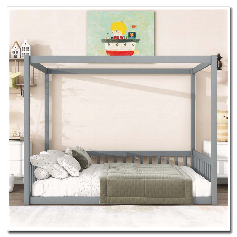 Lit en bois d'hévéa avec clôture Canopy, gris