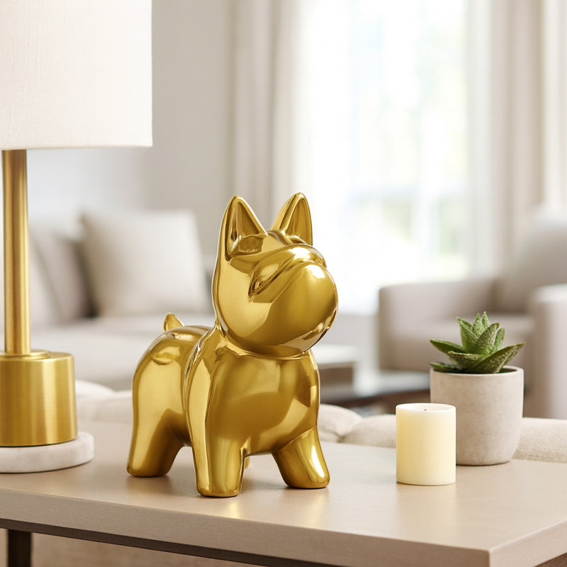 Ceramic Dog Statue Figurine for Home Decor - Decorative Sculpture Object for Shelf Accent, Side Table, or Living Room Decoration - 8"