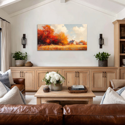 Art mural grand paysage d'automne - décor de photos de paysages d'automne pour le salon, œuvre d'art d'automne rétro pour mur de chambre à coucher, impressions sur toile tendue, cadre en pin, 