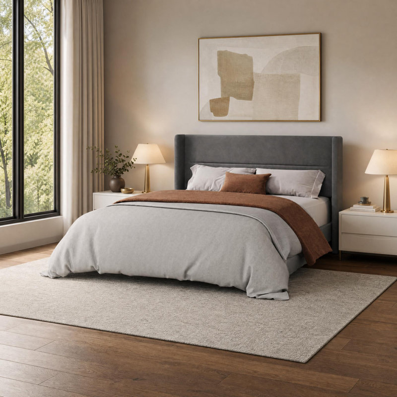 King Size Bed Frame with Wingback Headboard, Velvet Upholstered Platform Bedframe with Wood Slats, No Box Spring Needed, Easy Assembly, Grey