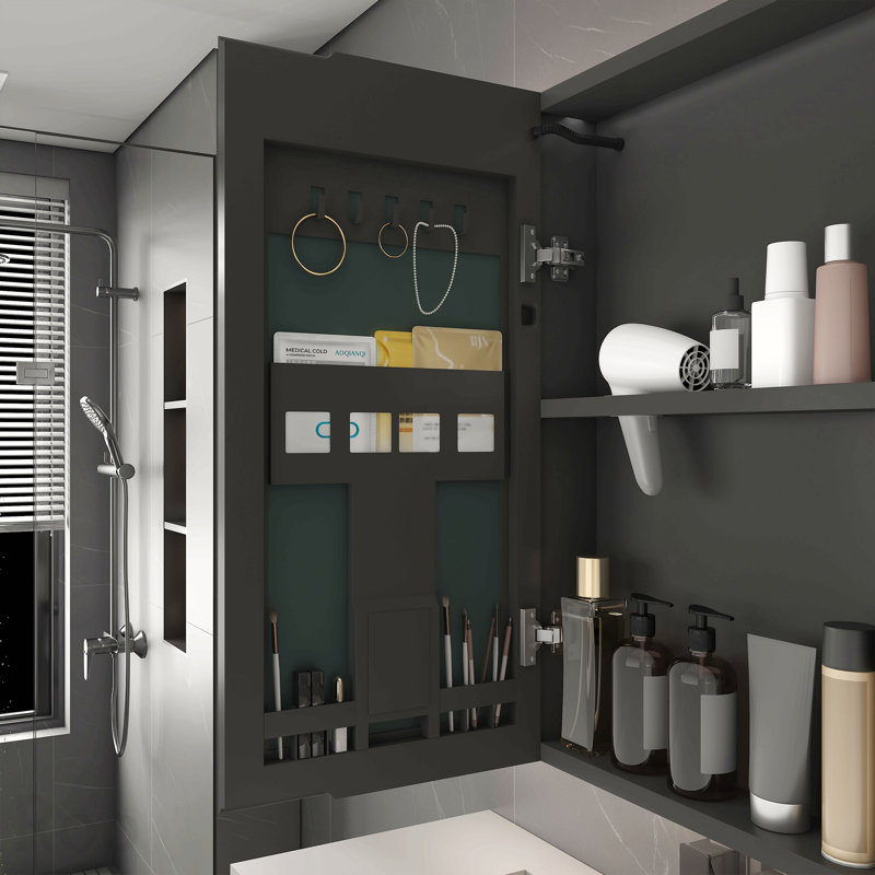 Armoire à pharmacie en aluminium avec miroir, armoire à pharmacie 35 x 28 pouces avec éclairage à DEL 3 couleurs et fonction de désembuage, armoire de salle de bain avec support de rangement pour cosmétiques et support pour sèche-cheveux, gris