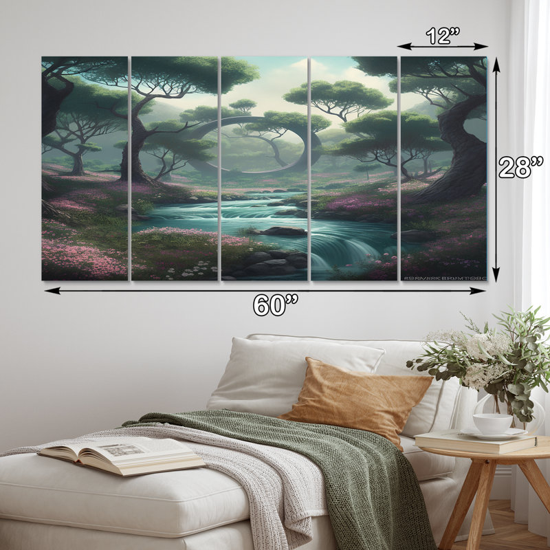 «Blossoming Sacred Forest River», reproduction d'art mural Christianisme - 5 panneaux égaux