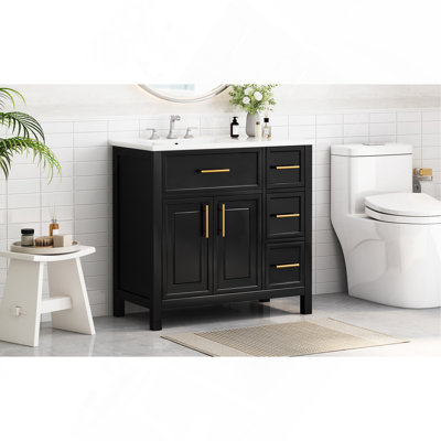 Meuble-lavabo 36 po avec comptoir, meuble-lavabo avec deux portes et trois tiroirs, bois massif, panneaux de fibres à densité moyenne, un paquet, noir