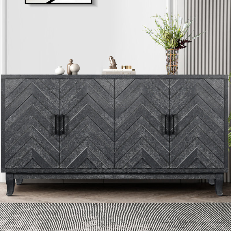 Armoire 4 portes en bois gris avec une touche rétro et un rangement fonctionnel plus fort, Gris foncé antique