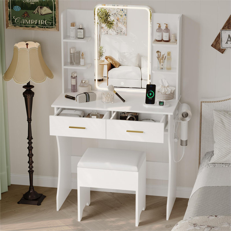Lacorsha Makeup Vanity Set with LED Mirror ,Vanity Desk Stool with Power Outlet,2 Drawers,6 Shelves with Brightness Lighting, 1 Hair Dryer Holder