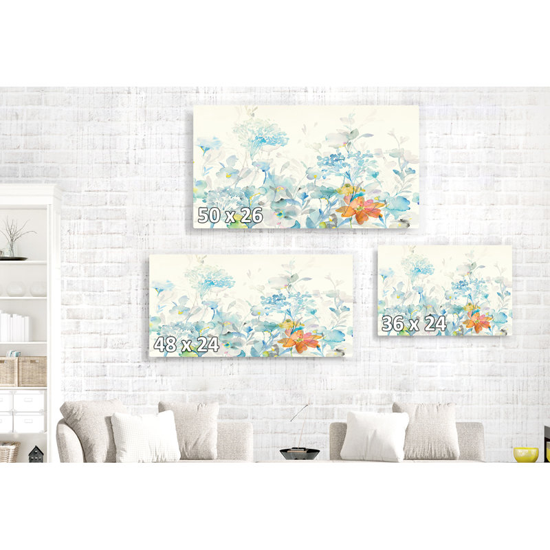 Fleurs translucides, floral, aquarelle, fleurs sauvages, bleu, gris, orange, crème, sur blanc, H 16 po x l 24 po x P 1,5 po