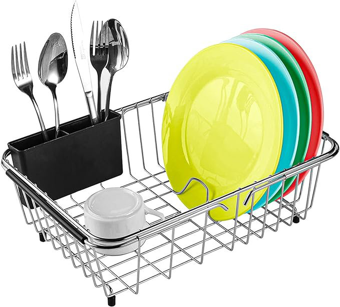 Compact Stainless Steel Over Sink Dish Drying Rack with Utensil Holder